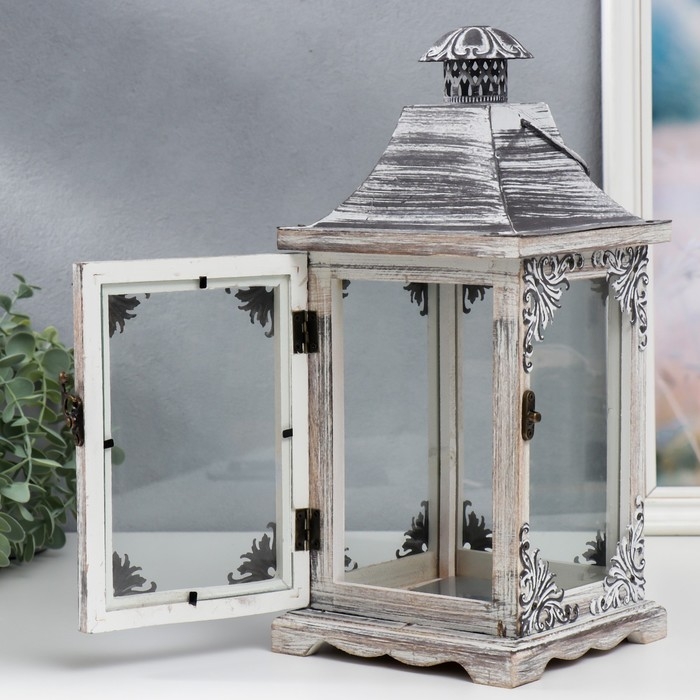Подсвечник дерево "Фонарь узоры в уголках" состаренный н-р 2 шт 34,5х15,5х15,5 53х25х25 см