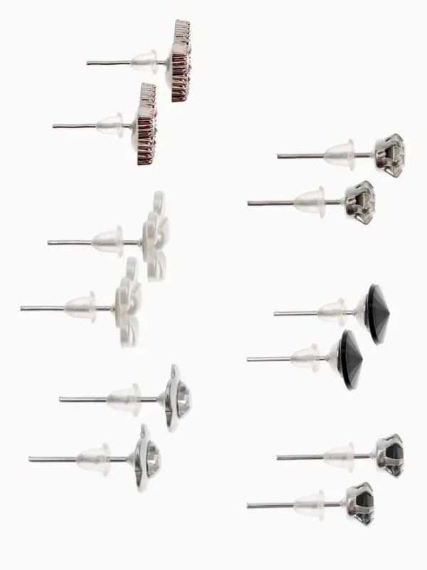 Серьги пусеты QF &laquo;Романтика&raquo;, 6 пар, цветочки, чёрно-белый в серебре