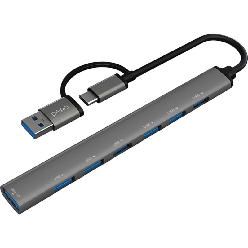 Разветвитель USB PERO MH04, USB-С/USB-A TO USB 3.0 + 6xUSB 2.0, серый