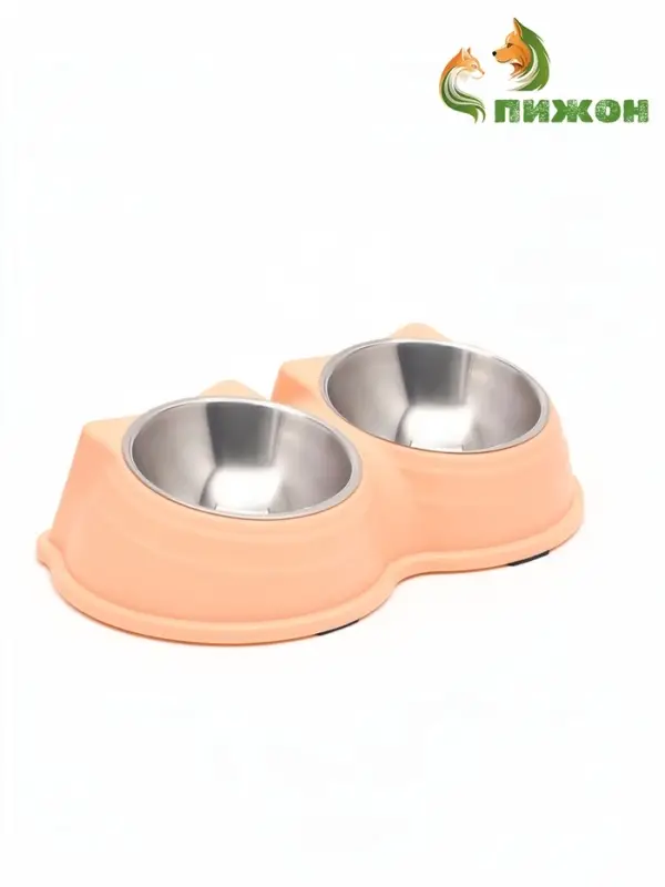 Миска двойная &laquo;Кисы&raquo;, 28&times;16.3&times;7.3 см, на пластиковом основании, металл, розовая