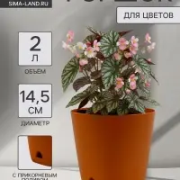 Горшок для цветов &laquo;Гранд&raquo;, 2 л, d=14.5 см, h=15 см, пластиковый, с прикорневым поливом, коричневый