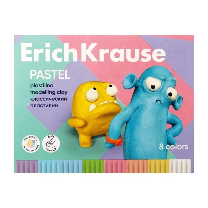 Пластилин 8 цветов, 144 г, ErichKrause Пластилин 8 цветов, 144 г, ErichKrause "Jolly Friends Pastel", со стеком, в картонной упаковке