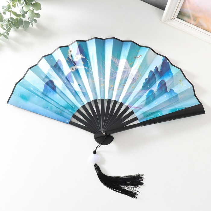 Веер пластик, текстиль h=27 см  Веер пластик, текстиль h=27 см "Феникс полёт в горах" с кисточкой