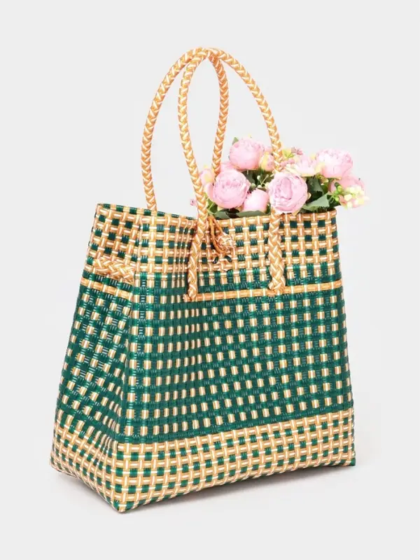 Сумка плетёная, 40&times;20&times;55 см, пластик, зелёно-бежевая