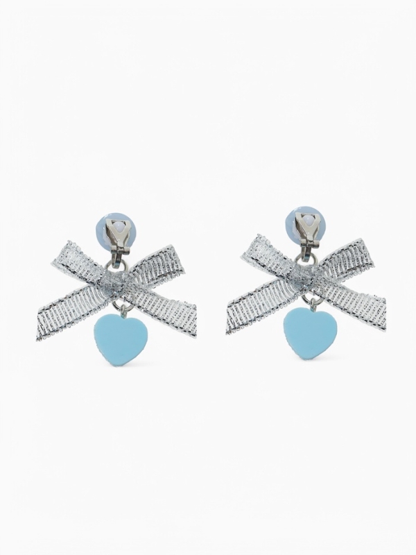 Серьги-клипсы детские  Серьги-клипсы детские "Выбражулька" сердце с бантом и кругом кристалл, цвет голубо-серебристый