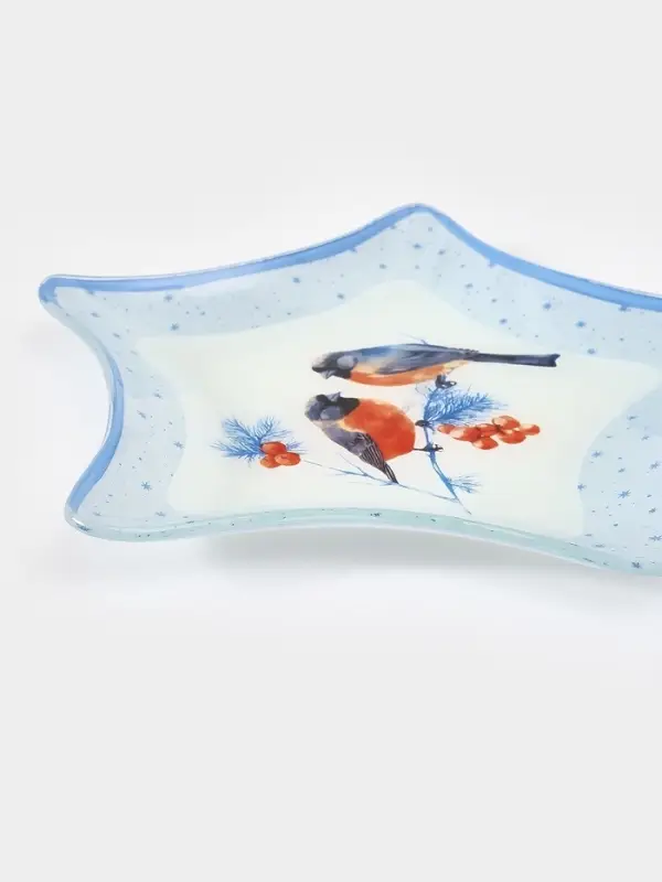 Блюдо новогоднее сервировочное Доляна &laquo;Снегири на ветке&raquo;, d=19 см, стекло, голубое