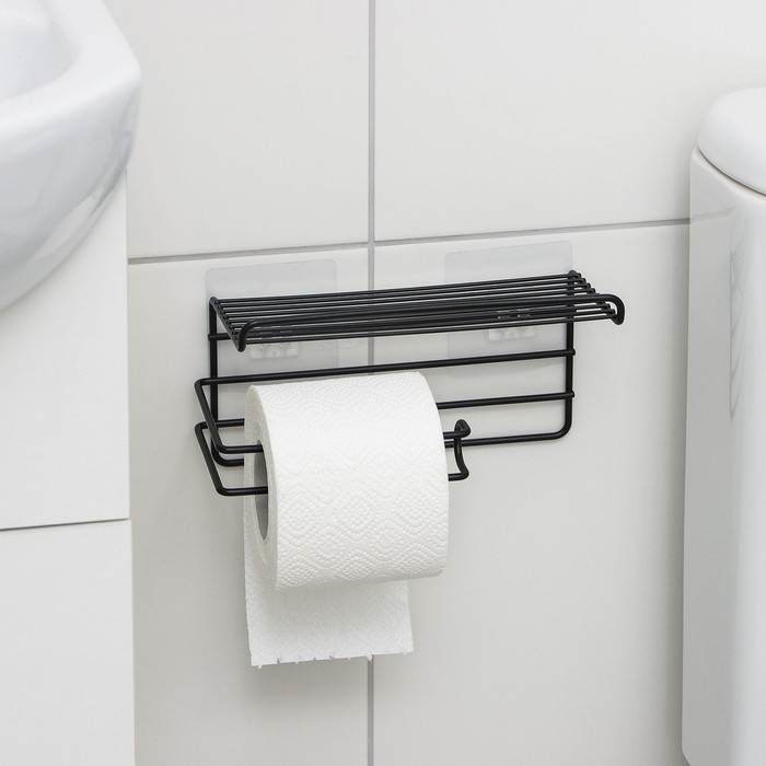 Полка на липучке Доляна, с держателем для полотенец, 19,5×9,5×8 см, цвет черный Полка на липучке Доляна, с держателем для полотенец, 19,5×9,5×8 см, цвет черный