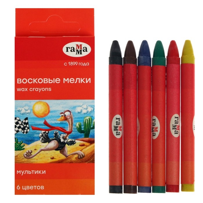Мелки восковые 6 цветов, Мелки восковые 6 цветов, "Гамма" "Мультики", круглые, европодвес