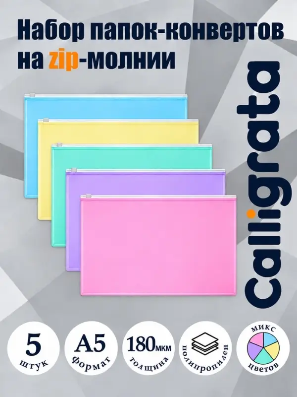 Набор папок-конвертов на ZIP-молнии А5 Calligrata &laquo;Акварель&raquo;, 180 мкм, 5 штук, полупрозрачные, МИКС