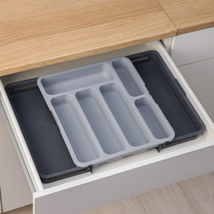 Лоток для столовых приборов, раздвижной, 31×35,5×5,5 см, 5 отделений, цвет серый