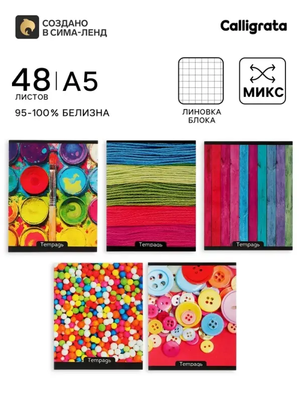 Тетрадь 48 листов в клетку Calligrata &laquo;Яркие цвета&raquo;, МИКС