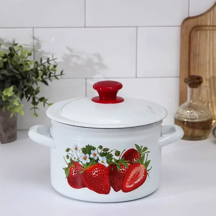 Кастрюля эмалированная, 5 л, с крышкой, деколь МИКС, белая