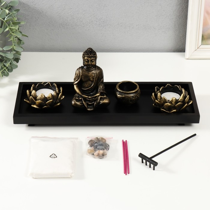 Сад камней Дзен  Сад камней Дзен "Будда с лотосами" песок+аромапалочки+свечи 36х13х13,3 см
