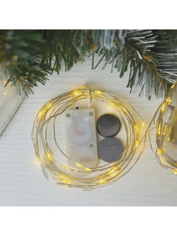 Гирлянда &laquo;Нить&raquo; 5 м роса, IP20, серебристая нить, 50 LED, батарейки CR2032&times;2 (в комплекте), свечение тёплое белое