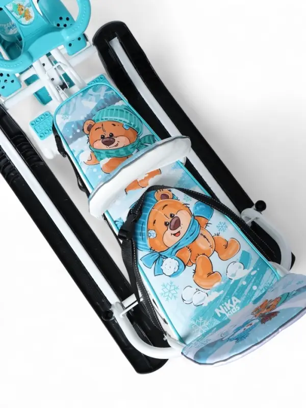 Снегокат «Тимка спорт 6Д» с забавными медвежатами, с двумя спинками, с родительской ручкой, бирюзовый, ТС6Д/ЗМ Nika