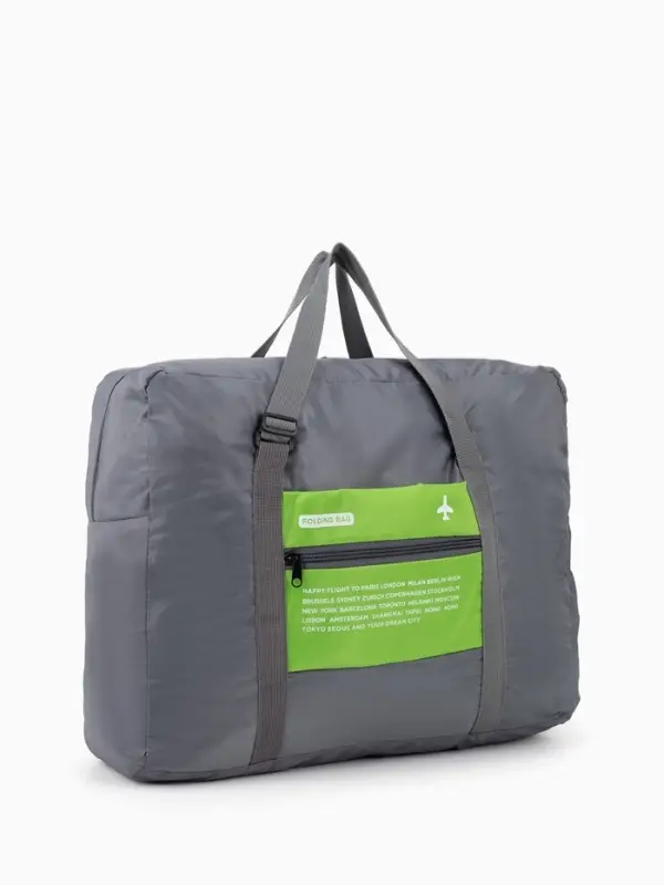 Сумка дорожная на молнии, складная в косметичку, наружный карман, держатель для чемодана, серая, зелёная