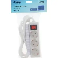Удлинитель Luazon Lighting, 3 розетки, 1.8 м, 10 А, 2200 Вт, 3&times;1.5 мм2, с заземлением, с выключателем, белый