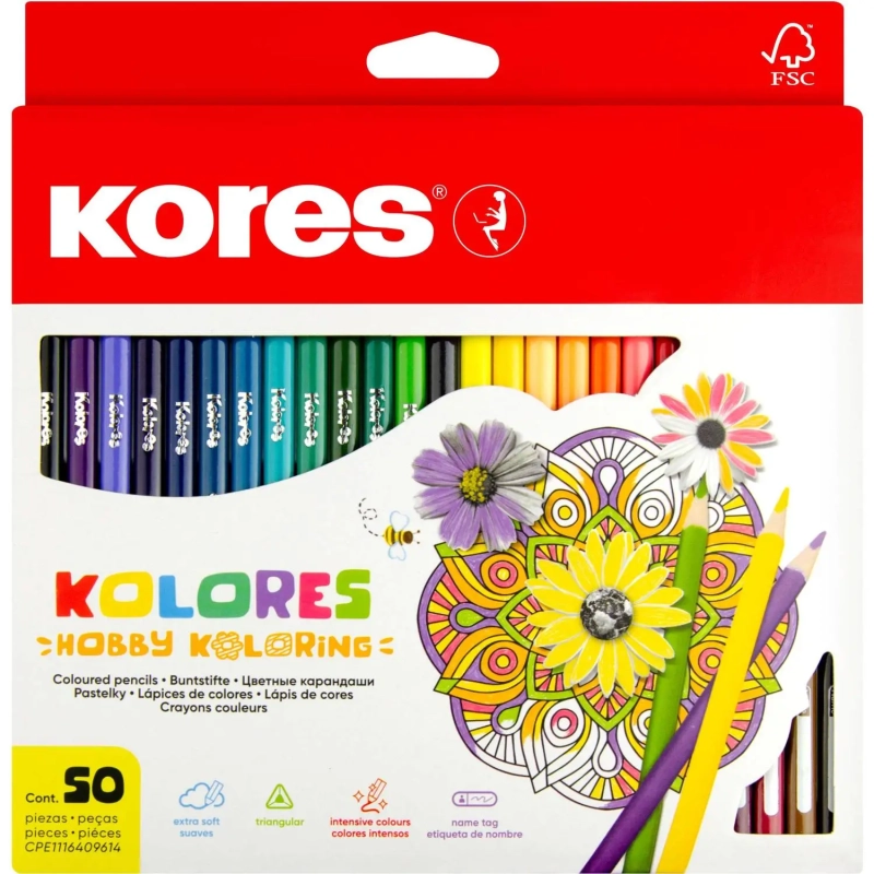 Карандаши цветные 50 цв. 3-гран.Kores 93350