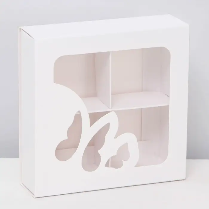 Коробка для 4 конфеты «Бабочки», белый 12.5×12.5×3.5 см Коробка для 4 конфеты «Бабочки», белый 12.5×12.5×3.5 см