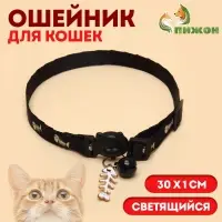 Ошейник для кошек &laquo;Рыбёшка&raquo;, 30&times;1 см, светящийся, с бубенчиком и подвесом, полиэстер, чёрный