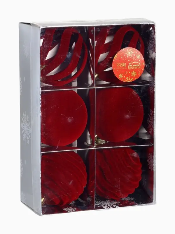 Набор шаров пластик d-8 см, 6 шт Набор шаров пластик d-8 см, 6 шт "Бархат. Грация" красный