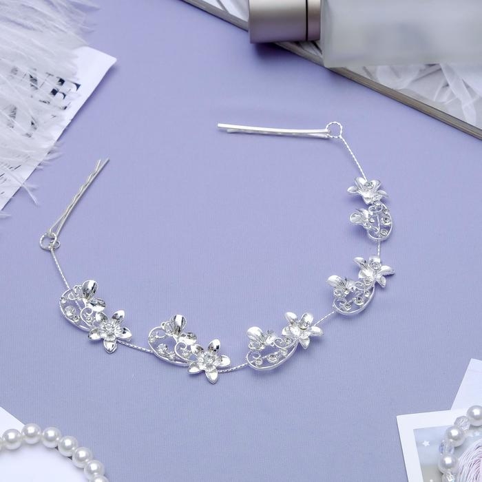 Аксессуар для волос Аксессуар для волос "Рулада" (на невидимках) цветочки с бабочками, 21 см, серебро