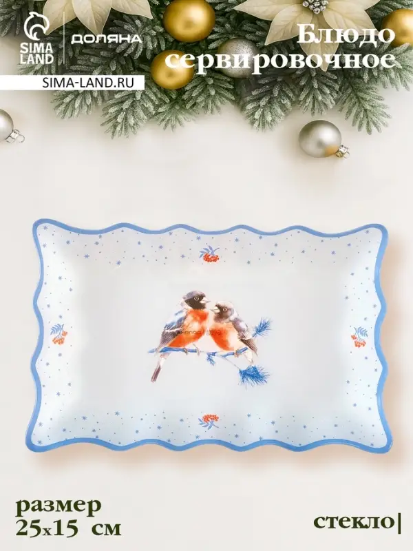 Блюдо сервировочное новогоднее Доляна «Снегири на ветке"», 25×16 см, стекло, белое, голубое