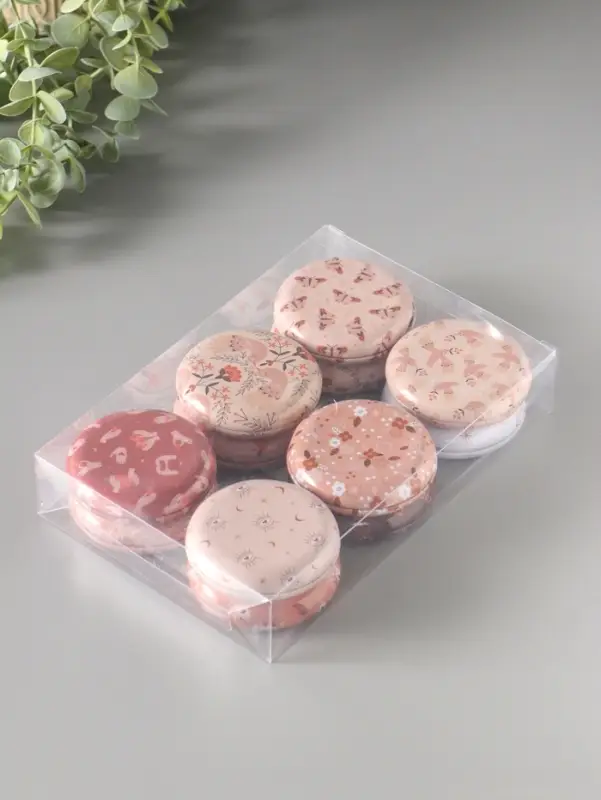 Шкатулка металл круглая "Рисунки на бежевом" набор 12 шт 6,8х6,8х1,7 см