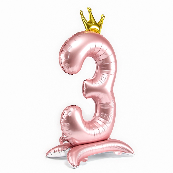 Шар фольгированный 42" &laquo;Цифра 3 с короной&raquo; на подставке, цвет розовый