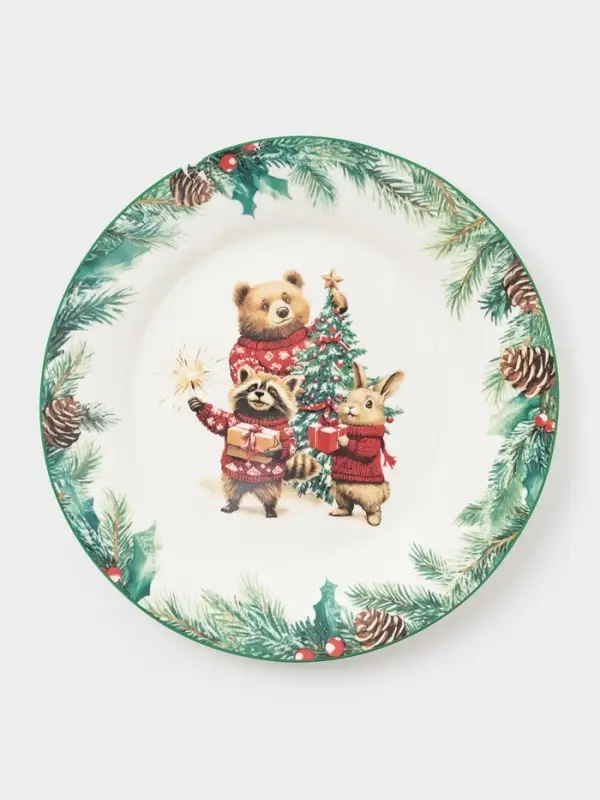 Тарелка Доляна «Новогодние животные», d=25.5 см, фарфор, белая Тарелка Доляна «Новогодние животные», d=25.5 см, фарфор, белая
