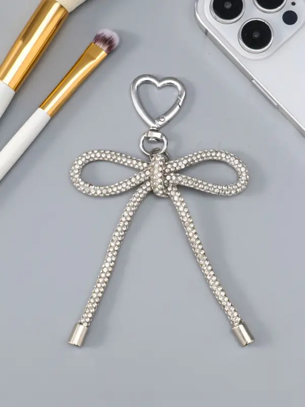 Брелок на карабине "Бант со стразами" серебро 11х7,5х1,5 см