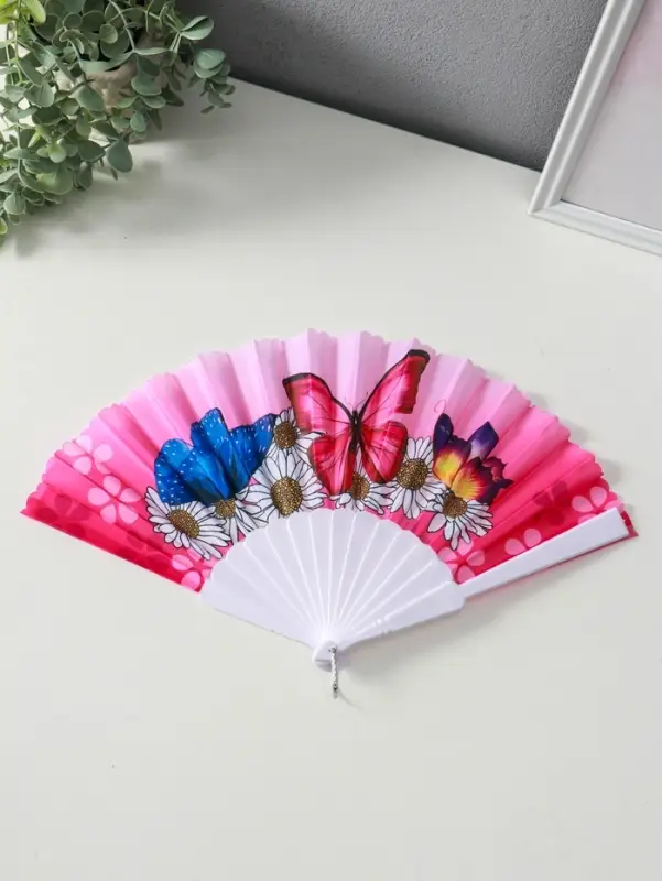 Веер пластик, текстиль Веер пластик, текстиль "Ромашки и бабочки" МИКС широкие лопасти 23 см