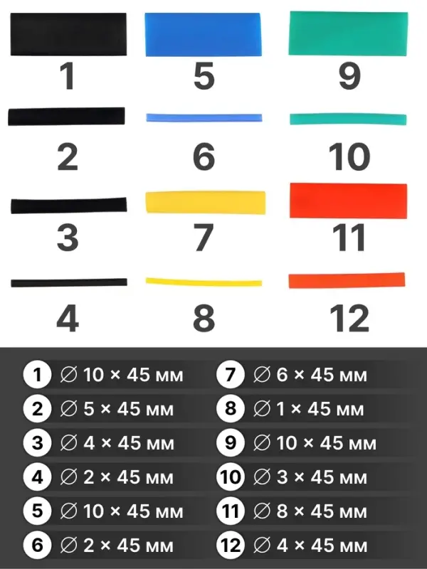 Термоусадочная трубка 1.5/2/3/4/5/6/8/10 мм, набор 530 шт., длина 45 мм