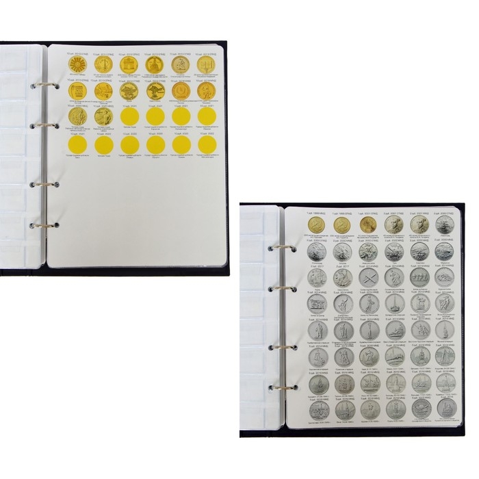 Альбом для монет на кольцах 225 х 265 мм, "Памятные монеты РФ", обложка ламинированный картон, 13 листов и 13 цветных картонных вставок