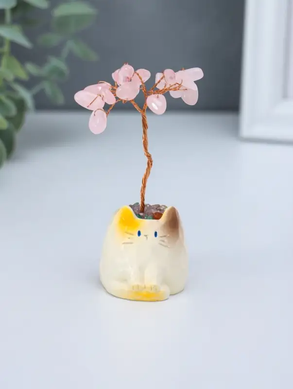 Сувенир "Котик-горшок и розовое дерево" 12 камней 3,8х3,5х7,5 см