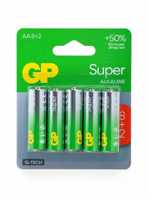 Батарейка алкалиновая GP Super, AA, LR6-10BL, 1.5 В, 8+2 шт.