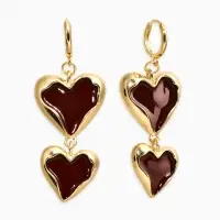 Серьги "Два сердца" корейский стиль, цвет красный в золоте