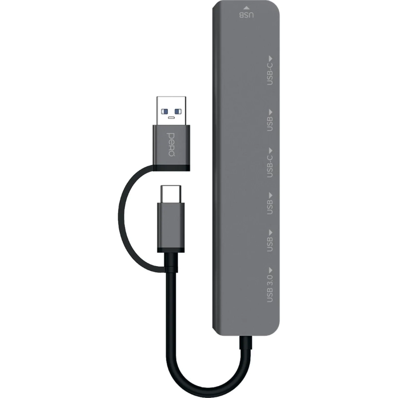 Разветвитель USB PERO MH06, USB-С/A TO 2xUSB-C+USB 3.0+4xUSB 2.0 серый