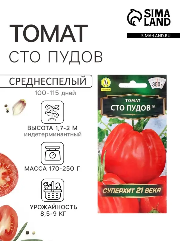 Семена Томат &laquo;Сто пудов&raquo;, индетерминантный, высокорослый, 20 шт., &laquo;Аэлита&raquo;