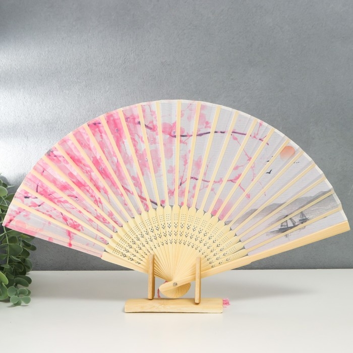 Веер бамбук, текстиль h=23 см  Веер бамбук, текстиль h=23 см "Лодочка под сакурой" розовый, с кисточкой