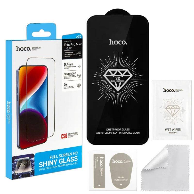 Защитное стекло iPh 16 Pro Max 3D Full Screen HD A36 HOCO черное