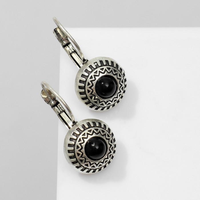 Серьги «Этника» круг в узорах, цвет чёрный в чернёном серебре Серьги «Этника» круг в узорах, цвет чёрный в чернёном серебре