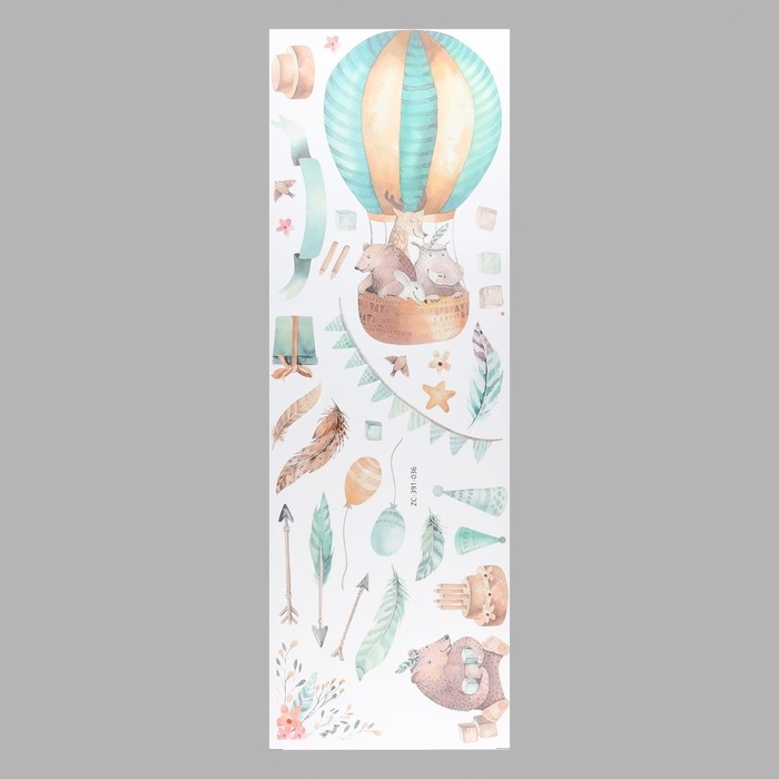 Наклейка пластик интерьерная цветная Наклейка пластик интерьерная цветная "Звери на воздушном шаре" 30х90 см