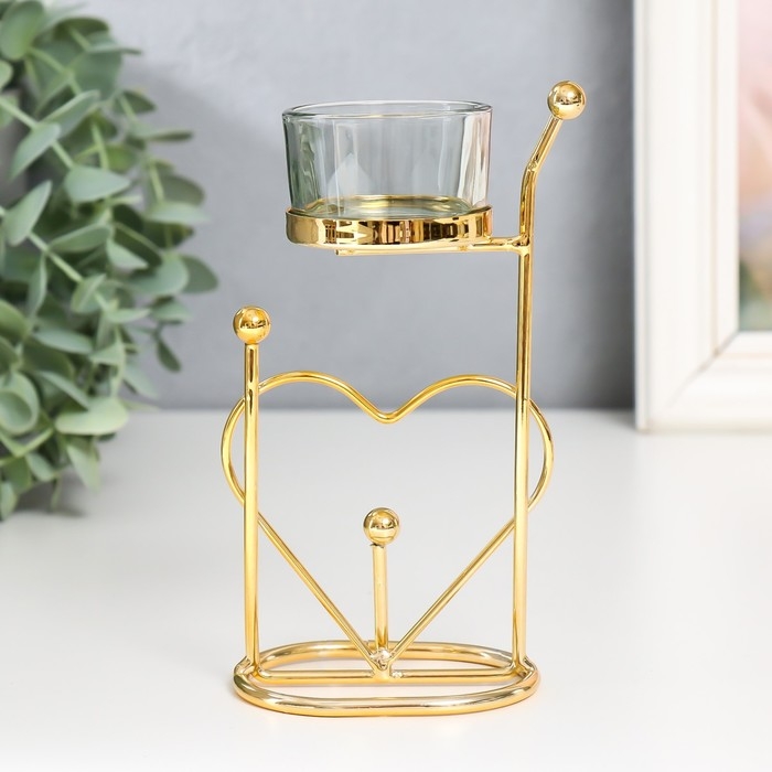 Подсвечник металл, стекло на 1 свечу Подсвечник металл, стекло на 1 свечу "Сердце. Шарики" d-4,5 см золото 9х4,5х17 см