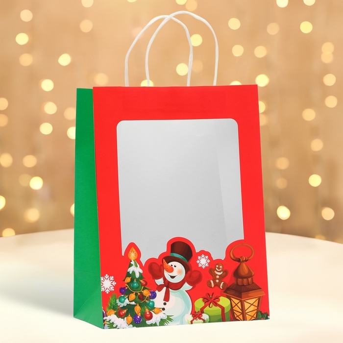 Пакет подарочный новогодний с окном Пакет подарочный новогодний с окном "Снеговик" 26 х 35 х 16 см.