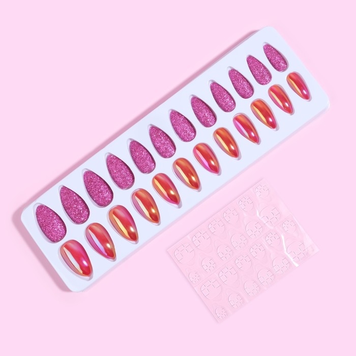 Накладные ногти, 24 шт, с клеевыми пластинами, форма миндаль, блёстки/голография, цвет малиновый Накладные ногти, 24 шт, с клеевыми пластинами, форма миндаль, блёстки/голография, цвет малиновый