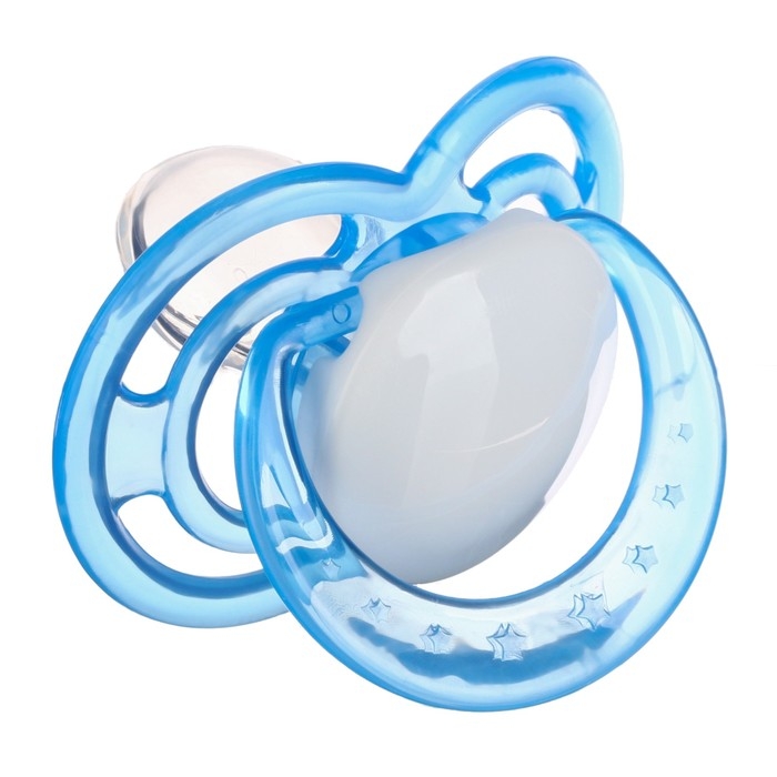 Соска - пустышка силиконовая ортодонтическая, от 12 мес., с колпачком, цвет голубой/белый Соска - пустышка силиконовая ортодонтическая, от 12 мес., с колпачком, цвет голубой/белый