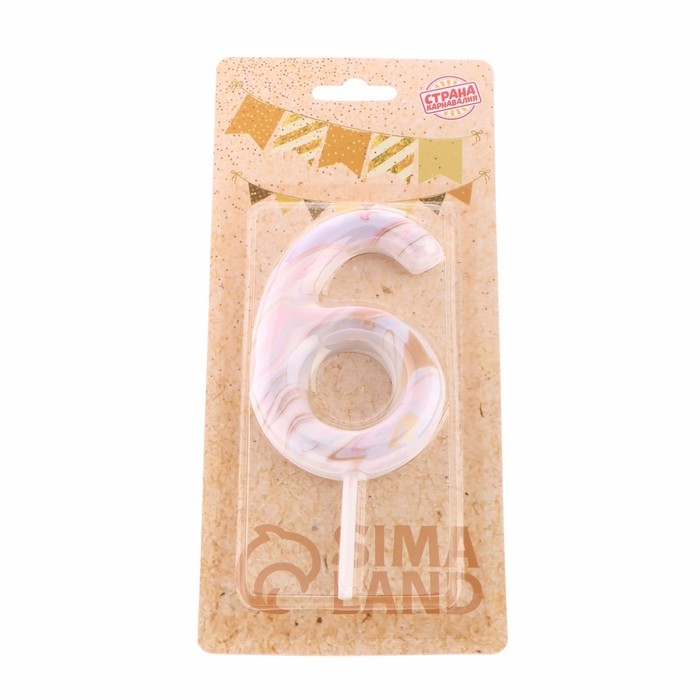 Свеча в торт  Свеча в торт "Белый мрамор", цифра "6", ГИГАНТ, 9 см