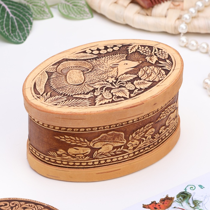 Шкатулка &laquo;Ёжик - чудак&raquo;, овал, 12&times;8,5&times;6,5 см, береста