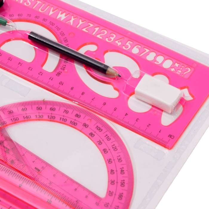 Набор геометрический, чертежный, блистер: линейка 30 см, 2 треугольника, транспортир, ластик, циркуль, линейка с трафаретами, тонированный, МИКС Набор геометрический, чертежный, блистер: линейка 30 см, 2 треугольника, транспортир, ластик, циркуль, линейка с трафаретами, тонированный, МИКС